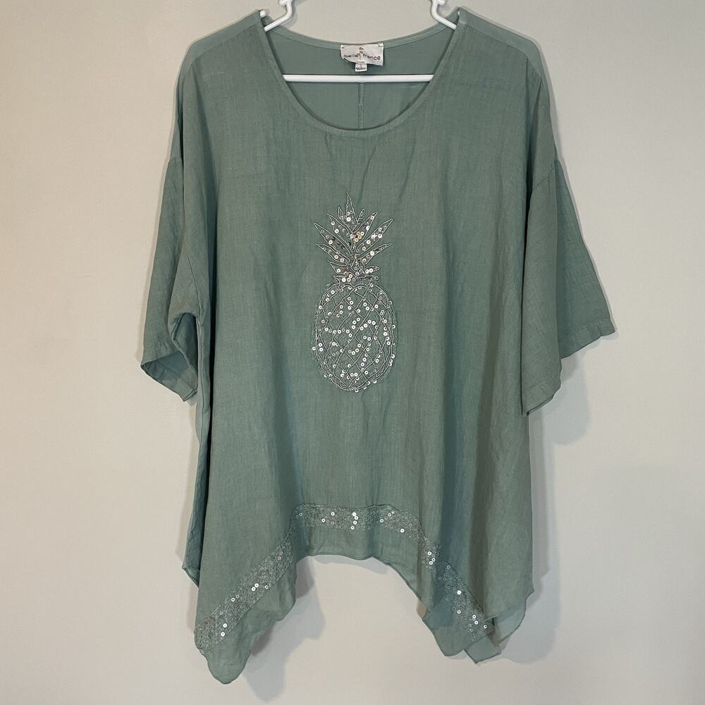 Belle France Linen Top Sage Green Pineapple Women's S Asymmetrical Italy Sequins
